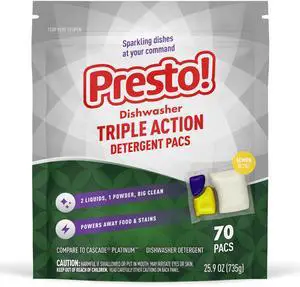Amazon Brand - Presto! Triple Action Dishwasher Pacs, Lemon Scent, 70 Count Amazon Brand - Presto! Triple Action Dishwasher Pacs, Lemon Scent, 70 Count