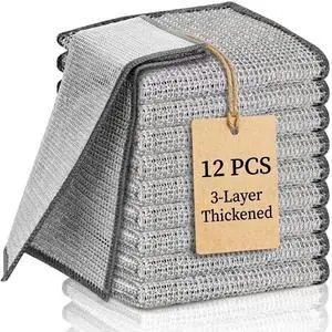 12Pcs 3-Layer Silver Wire Dish Cloths, Non-Scratch Reusable Kitchen Cleaning Rags, Wet Dry Use for Cookware Sink Stove, 8×8 Inch 12Pcs 3-Layer Silver Wire Dish Cloths, Non-Scratch Reusable Kitchen Cleaning Rags, Wet Dry Use for Cookware Sink Stove, 8×8 Inch