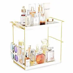 Perfume Organizer for Women, 2 Tier Wooden and Metal Cologne Organizer for Men, Large Capacity Perfume Stand Holder Tray for Vanity Bathroom Countertop Organizers and Storage (White and Gold) Perfume Organizer for Women, 2 Tier Wooden and Metal Cologne Organizer for Men, Large Capacity Perfume Stand Holder Tray for Vanity Bathroom Countertop Organizers and Storage (White and Gold)