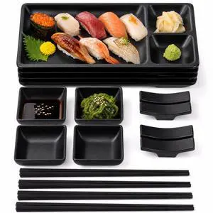 16 Piece Japanese Sushi Plate Set, Melamine Sushi Serving Set, Sushi Dinnerware Set - Includes 4 Sushi Serving Plates, 4 Sauce Dishes, 4 Pairs of Chopsticks, 4 Chopstick Holders (Black) 16 Piece Japanese Sushi Plate Set, Melamine Sushi Serving Set, Sushi Dinnerware Set - Includes 4 Sushi Serving Plates, 4 Sauce Dishes, 4 Pairs of Chopsticks, 4 Chopstick Holders (Black)