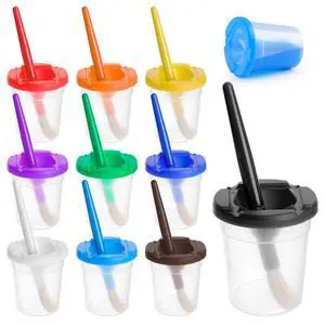 10 PCS No Spill Paint Cups with Colored Lids and Brushes for Kids, Not for Watercolor, Spill Proof Paint Brush Cleaner Cup for Painting, Arts and Crafts Supplies, for Acrylic Paint 10 PCS No Spill Paint Cups with Colored Lids and Brushes for Kids, Not for Watercolor, Spill Proof Paint Brush Cleaner Cup for Painting, Arts and Crafts Supplies, for Acrylic Paint
