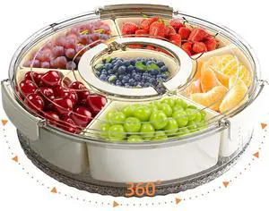 Divided Serving Tray with Lid and Handle, Portable Snackle Box Container for Fruits Snacks Charcuterie Organizer, Spinning Rounded Veggie Tray for Kitchen, Party, Travel and Picnic Divided Serving Tray with Lid and Handle, Portable Snackle Box Container for Fruits Snacks Charcuterie Organizer, Spinning Rounded Veggie Tray for Kitchen, Party, Travel and Picnic