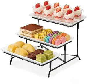 3 Tier Serving Tray, 12" White Plastic Tiered Food Serving Platters, Reusable Tray Stand Black Collapsible Metal Stand with Stable Cross Bars, Party Display Stands for Veggie Fruit, Dessert 3 Tier Serving Tray, 12" White Plastic Tiered Food Serving Platters, Reusable Tray Stand Black Collapsible Metal Stand with Stable Cross Bars, Party Display Stands for Veggie Fruit, Dessert