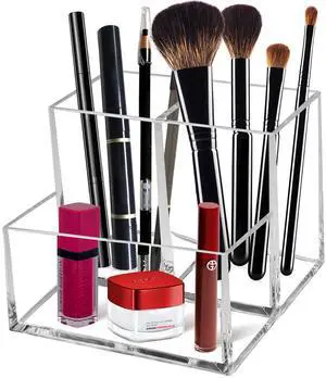 Clear Acrylic Makeup Brush Organizer,Multi-Purpose Cosmetic Brushes Storage Holder with 3 Slots,Pencil Pen Holder for Desk,Desk Organizer and Accessories for Vanity Clear Acrylic Makeup Brush Organizer,Multi-Purpose Cosmetic Brushes Storage Holder with 3 Slots,Pencil Pen Holder for Desk,Desk Organizer and Accessories for Vanity