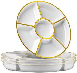 6 Sectional Round Plastic Serving Tray/Platter (2, White & Gold) 6 Sectional Round Plastic Serving Tray/Platter (2, White & Gold)