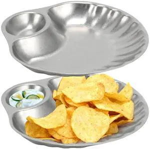 Chip and Dip Serving Platter Set 2 Pack, Vintage 304 Stainless Steel Serving Plates with Dipping Section, Serving Dish for Sushi, Snack, Chip Salsa, Appetizer (Shell) Chip and Dip Serving Platter Set 2 Pack, Vintage 304 Stainless Steel Serving Plates with Dipping Section, Serving Dish for Sushi, Snack, Chip Salsa, Appetizer (Shell)