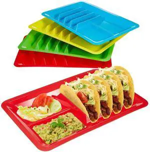 4 Pcs Mexican Party Favor Plastic Taco Plates for Birthday Party with Stand up Divider for 3 Tacos and 2 Dipping Areas Trays for Cinco De Mayo Fiesta Microwave Dishwasher Safe 4 Pcs Mexican Party Favor Plastic Taco Plates for Birthday Party with Stand up Divider for 3 Tacos and 2 Dipping Areas Trays for Cinco De Mayo Fiesta Microwave Dishwasher Safe