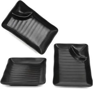 Japanese Dumpling Plate Set of 3 with Sauce Section, Black Melamine Rectangular Serving Dish 7.5 x 4.5 Inch for Sushi Rolls, Appetizers, Snacks, Home Kitchen or Party Japanese Dumpling Plate Set of 3 with Sauce Section, Black Melamine Rectangular Serving Dish 7.5 x 4.5 Inch for Sushi Rolls, Appetizers, Snacks, Home Kitchen or Party