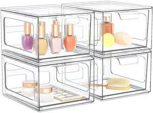 4 Pack Stackable Plastic Makeup Organizer Drawers, Acrylic Organizers, Clear Storage Bins with Pull-Out Handles for Vanity, Kitchen Cabinets, Pantry 4 Pack Stackable Plastic Makeup Organizer Drawers, Acrylic Organizers, Clear Storage Bins with Pull-Out Handles for Vanity, Kitchen Cabinets, Pantry