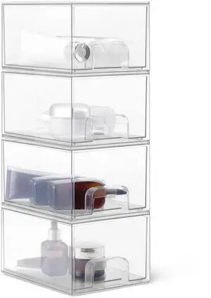 Stackable Plastic Storage Makeup Organizer Drawers, Clear, 7.5" x 6" x 4.5", 4-Pack Stackable Plastic Storage Makeup Organizer Drawers, Clear, 7.5" x 6" x 4.5", 4-Pack
