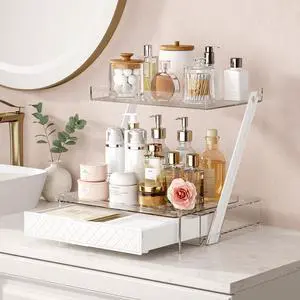 3-Tier Bathroom Countertop Makeup Organizer - Big Make Up Storage with Slide-Out Tray & Bottom Drawer, Transparent Acrylic for Cosmetics Brushes Lipsticks Skincare 3-Tier Bathroom Countertop Makeup Organizer - Big Make Up Storage with Slide-Out Tray & Bottom Drawer, Transparent Acrylic for Cosmetics Brushes Lipsticks Skincare