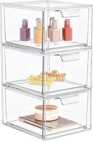 3 Pack Stackable Makeup Organizer and Storage, Acrylic OrganizersClear Plastic Storage Drawer with Handles for Vanity, Undersink, Kitchen Cabinets, Pantry 3 Pack Stackable Makeup Organizer and Storage, Acrylic OrganizersClear Plastic Storage Drawer with Handles for Vanity, Undersink, Kitchen Cabinets, Pantry