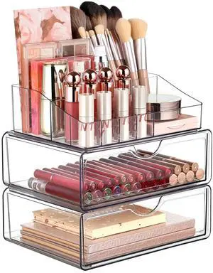 3 Tier Clear Makeup Organizer with Drawer, Cosmetic Storage for Dresser Countertop and Bathroom Vanity, Beauty Holder for Lipstick Brush Skincare 3 Tier Clear Makeup Organizer with Drawer, Cosmetic Storage for Dresser Countertop and Bathroom Vanity, Beauty Holder for Lipstick Brush Skincare