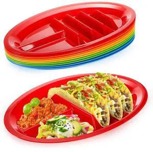 10 Pack Plastic Taco Plates for Party, Large Taco Holder with 2 Dipping Areas, Stand Up Divider for 3 Tacos, BPA Free, Dishwasher Safe, Colorful 10 Pack Plastic Taco Plates for Party, Large Taco Holder with 2 Dipping Areas, Stand Up Divider for 3 Tacos, BPA Free, Dishwasher Safe, Colorful