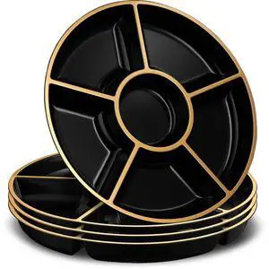 6 Sectional Round Plastic Serving Tray/Platters Black & Gold Pack of 2 6 Sectional Round Plastic Serving Tray/Platters Black & Gold Pack of 2