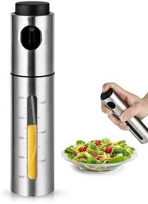 100ml Stainless Steel Olive Oil Sprayer, Multi-Purpose for Cooking, Salads, BBQs, Air Fryers. One-Handed Use. Suitable for Oils, Vinegar, Soy Sauce. Features a Content Window. 100ml Stainless Steel Olive Oil Sprayer, Multi-Purpose for Cooking, Salads, BBQs, Air Fryers. One-Handed Use. Suitable for Oils, Vinegar, Soy Sauce. Features a Content Window.