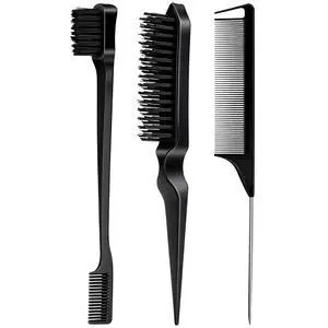 3 Pieces Hair Styling Comb Set Teasing Brush Rat Tail Comb Edge Brush for Edge&Back Brushing, Combing, Slicking Hair for Women (Black) 3 Pieces Hair Styling Comb Set Teasing Brush Rat Tail Comb Edge Brush for Edge&Back Brushing, Combing, Slicking Hair for Women (Black)