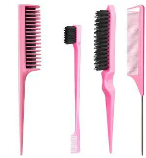 Hair Brush Set, Pink, 4 Piece, Three-Row Teasing Comb, Edge Brush, Rat Tail Comb for Women and Girls Styling Hair Brush Set, Pink, 4 Piece, Three-Row Teasing Comb, Edge Brush, Rat Tail Comb for Women and Girls Styling