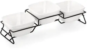 10 oz Square Bowl Chip & Dip Serving Set, Pocelain Ramekin Bowls with Metal Rack Stand, White Small Serving Dishes, Condiment Serving Tray for Entertaining, Party, Buffets, Christmas 10 oz Square Bowl Chip & Dip Serving Set, Pocelain Ramekin Bowls with Metal Rack Stand, White Small Serving Dishes, Condiment Serving Tray for Entertaining, Party, Buffets, Christmas