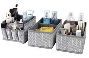 Cosmetic Storage Bins Makeup Organizer, Adjustable Multifunction Storage Box Desk Drawer Divider for Makeup Brushes, Bathroom Countertop or Dresser, Set of 3 (Grey) Cosmetic Storage Bins Makeup Organizer, Adjustable Multifunction Storage Box Desk Drawer Divider for Makeup Brushes, Bathroom Countertop or Dresser, Set of 3 (Grey)