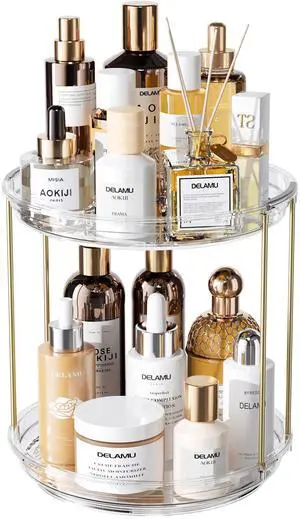 Rotating Makeup Organizer for Vanity, 2 Tier Bathroom Counter Organizer with Stackable Design, Spinning Skincare Organizer for Bathroom Countertop, Perfume Cosmetic Storage, Clear Rotating Makeup Organizer for Vanity, 2 Tier Bathroom Counter Organizer with Stackable Design, Spinning Skincare Organizer for Bathroom Countertop, Perfume Cosmetic Storage, Clear