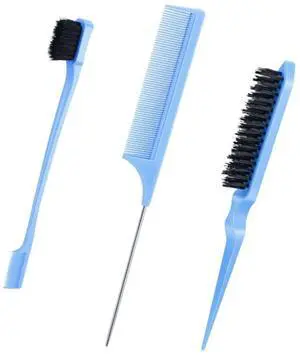 3 Pcs Slick Back Hair Brush, Bristle Brush Edge Control Teasing Comb for Women Black Hair (Blue) 3 Pcs Slick Back Hair Brush, Bristle Brush Edge Control Teasing Comb for Women Black Hair (Blue)