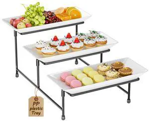 3 Tier Serving Tray for Party, 12'' BPA Free Food Grade Shatterproof Tiered Serving Platters with Steel Stand, Collapsible Dessert Display for Wedding, Graduation, BBQ, Holiday Events, Black 3 Tier Serving Tray for Party, 12'' BPA Free Food Grade Shatterproof Tiered Serving Platters with Steel Stand, Collapsible Dessert Display for Wedding, Graduation, BBQ, Holiday Events, Black