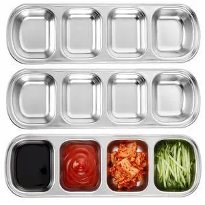 3 Pcs Dipping Sauce Dish 4 Compartment Stainless Steel Dipping Sauce Tray Sushi Soy Dish Korean Appetizer Serving Tray for Soy Vinegar and Condiments Ketchup BBQ Seasoning 3 Pcs Dipping Sauce Dish 4 Compartment Stainless Steel Dipping Sauce Tray Sushi Soy Dish Korean Appetizer Serving Tray for Soy Vinegar and Condiments Ketchup BBQ Seasoning