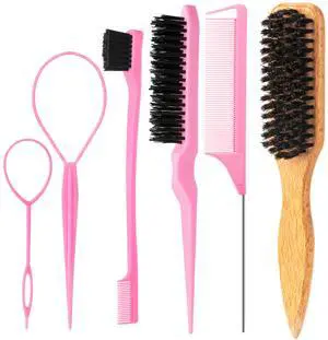 6PCS Hair Styling Tools Kit, Boar Bristle Wooden Brush, Rat Tail Metal Pin Parting Comb Edge Control Brush,Bristle Teasing Hair Brush Topsy Tail Loop Tools for Women Braiding & Edge Styling 6PCS Hair Styling Tools Kit, Boar Bristle Wooden Brush, Rat Tail Metal Pin Parting Comb Edge Control Brush,Bristle Teasing Hair Brush Topsy Tail Loop Tools for Women Braiding & Edge Styling