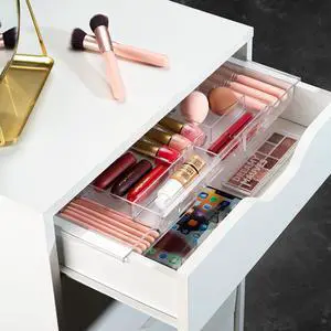 Expandable Drawer Organizer - Customizable Makeup Vanity Organizing Storage Tray for Bathroom, Bedroom & Desk Drawers - Clear Plastic Cosmetics Organizers with Expanding Compartment (Set of 2) Expandable Drawer Organizer - Customizable Makeup Vanity Organizing Storage Tray for Bathroom, Bedroom & Desk Drawers - Clear Plastic Cosmetics Organizers with Expanding Compartment (Set of 2)