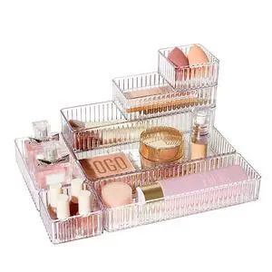 7 PCS Clear Makeup Drawer Organizers Bins, 4-Size Stackable Makeup and Vanity Organizer Trays, Acrylic Bathroom Storage Containers for Cosmetic, Toiletries, Office Supply, Utensils, Gadgets 7 PCS Clear Makeup Drawer Organizers Bins, 4-Size Stackable Makeup and Vanity Organizer Trays, Acrylic Bathroom Storage Containers for Cosmetic, Toiletries, Office Supply, Utensils, Gadgets