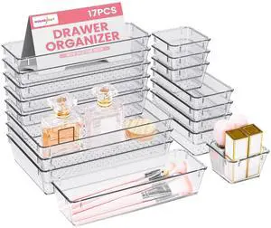 Makeup Drawer Organizer Trays 17 PCS, 4-Size Clear Drawer Organizers with Silicone Pads, Vanity Organizers and Storage, Non Slip Plastic Drawer Organizer for Desk, Bathroom, Kitchen, Office Makeup Drawer Organizer Trays 17 PCS, 4-Size Clear Drawer Organizers with Silicone Pads, Vanity Organizers and Storage, Non Slip Plastic Drawer Organizer for Desk, Bathroom, Kitchen, Office