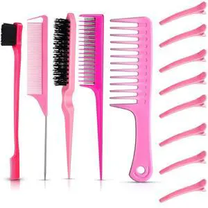15 Piece Nylon Comb Set for Grooming Salon with Boar Bristle Brush Fluffy Brush Rat Tail Comb Triple Teasing Scrub Dual Edge Scrub and 10 Duckbill Clips for Women(Pink and Black) 15 Piece Nylon Comb Set for Grooming Salon with Boar Bristle Brush Fluffy Brush Rat Tail Comb Triple Teasing Scrub Dual Edge Scrub and 10 Duckbill Clips for Women(Pink and Black)