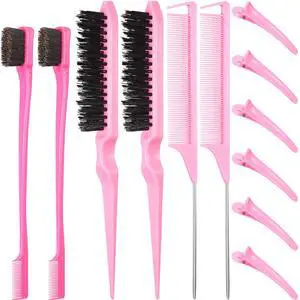 12 Pieces Hair Brush Set, Nylon Teasing Hair Brushes 3 Row Salon Teasing Brush, Double Sided Edge Smooth Comb Grooming, Rat Tail Combs with Duckbill Clips for Women(Pink) 12 Pieces Hair Brush Set, Nylon Teasing Hair Brushes 3 Row Salon Teasing Brush, Double Sided Edge Smooth Comb Grooming, Rat Tail Combs with Duckbill Clips for Women(Pink)