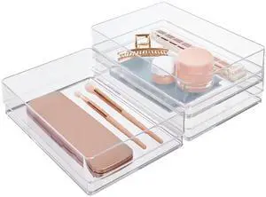 SimpleSort 3-Piece Stackable Clear Drawer Organizer Set | 9" x 6" x 2" Rectangle Trays | Wide Makeup Vanity Storage Bins and Office Desk Drawer Dividers | Made in USA SimpleSort 3-Piece Stackable Clear Drawer Organizer Set | 9" x 6" x 2" Rectangle Trays | Wide Makeup Vanity Storage Bins and Office Desk Drawer Dividers | Made in USA