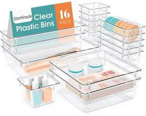 16 PCS Drawer Organizer Set, 5 Varied Size Bathroom and kitchen Drawer cabinet organizer Trays, Clear Storage Bins for Makeup, Jewelry, Utensils and Gadgets 16 PCS Drawer Organizer Set, 5 Varied Size Bathroom and kitchen Drawer cabinet organizer Trays, Clear Storage Bins for Makeup, Jewelry, Utensils and Gadgets