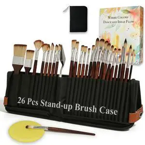 26Pcs Paint Brush Set with Stand-Up Brush Case, Travel Watercolor Acrylic Paint Brushes with Flat, Filbert, Fan, Dagger, Cat Tongue, Round, Palette Knife, Professional Kit for Oil, Artist, Face 26Pcs Paint Brush Set with Stand-Up Brush Case, Travel Watercolor Acrylic Paint Brushes with Flat, Filbert, Fan, Dagger, Cat Tongue, Round, Palette Knife, Professional Kit for Oil, Artist, Face