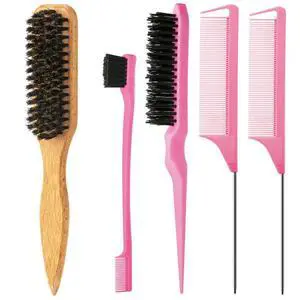 5pcs Boar Bristle Slick Back Hair Brush,Double Sided Edge Control Brush,Metal Pin Rat Tail Combs,Bristle Teasing Hair Brush,Woman Girl hair Styling Pink 5pcs Boar Bristle Slick Back Hair Brush,Double Sided Edge Control Brush,Metal Pin Rat Tail Combs,Bristle Teasing Hair Brush,Woman Girl hair Styling Pink