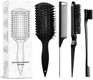 Curl Defining Brush with 3 Pcs Slick Back Hair Set Bristle Edge Control Teasing Comb, For Combing and Shaping in All Hairstyles to Reduce Pulling (Black) Curl Defining Brush with 3 Pcs Slick Back Hair Set Bristle Edge Control Teasing Comb, For Combing and Shaping in All Hairstyles to Reduce Pulling (Black)