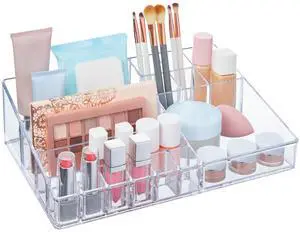 Audrey Clear Vanity Makeup Organizer | 15-Compartment Holder for Brushes, Eyeshadow Palettes, & Beauty Supplies | Stacks on Audrey Storage Drawers | Made in USA Audrey Clear Vanity Makeup Organizer | 15-Compartment Holder for Brushes, Eyeshadow Palettes, & Beauty Supplies | Stacks on Audrey Storage Drawers | Made in USA