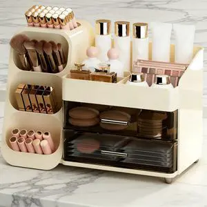Large Makeup Organizer with Brush Holder, Spacious Cosmetics Display Case with Drawers for Vanity, Skin Care Storage Solution for Lipstick Beauty Essential Bathroom Countertop Large Makeup Organizer with Brush Holder, Spacious Cosmetics Display Case with Drawers for Vanity, Skin Care Storage Solution for Lipstick Beauty Essential Bathroom Countertop