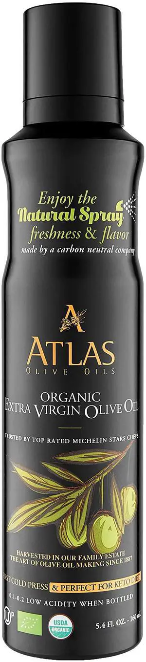 Olive Oil Spray by Atlas, Dual Function Olive Oil Cooking Spray and Stream, 5.4 fl oz, Extra Virgin, Non Stick, Cold Pressed, Polyphenol Rich, Organic Moroccan EVOO, Hydroxytyrosol, Keto Olive Oil Spray by Atlas, Dual Function Olive Oil Cooking Spray and Stream, 5.4 fl oz, Extra Virgin, Non Stick, Cold Pressed, Polyphenol Rich, Organic Moroccan EVOO, Hydroxytyrosol, Keto