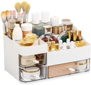 White Make up Organizers for Vanity,Large Plastic Bathroom Counter Organizer With Drawers,Skincare Organizers and Cosmetic Storage for Dresser Top Skin Care,Beauty Products and Brush Holder White Make up Organizers for Vanity,Large Plastic Bathroom Counter Organizer With Drawers,Skincare Organizers and Cosmetic Storage for Dresser Top Skin Care,Beauty Products and Brush Holder