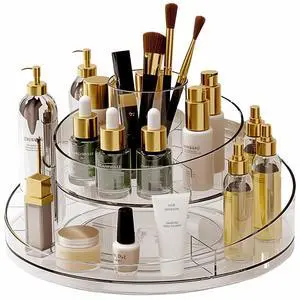 360 Rotating Makeup Organizer, Clear Acrylic Lazy Susan Cosmetic Storage Turntable for Skincare, Perfume & Lipstick, Round Spinning Tray with Brush Holder for Vanity, Bathroom 360 Rotating Makeup Organizer, Clear Acrylic Lazy Susan Cosmetic Storage Turntable for Skincare, Perfume & Lipstick, Round Spinning Tray with Brush Holder for Vanity, Bathroom