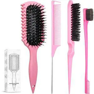 Curl Defining Brush, Curly Hair Brush Products With 3 Pcs Slick Back Hair Brush Set Bristle Brush Edge Control Teasing Comb for women (Pink) Curl Defining Brush, Curly Hair Brush Products With 3 Pcs Slick Back Hair Brush Set Bristle Brush Edge Control Teasing Comb for women (Pink)