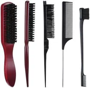 5 Pcs Slick Back Hair Brush Set, Bristle Hair Brush Edge Control Brush Teasing Comb, Wax Stick for Hair & Wig Flyaways, For Smooth Hair Parting Smooth Flyaways 5 Pcs Slick Back Hair Brush Set, Bristle Hair Brush Edge Control Brush Teasing Comb, Wax Stick for Hair & Wig Flyaways, For Smooth Hair Parting Smooth Flyaways