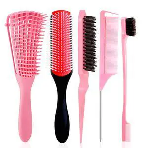 5 Pcs Detangling Brush Set - Cushion Nylon Bristles, Dual Edge, Teasing, and Styling Comb (Pink) 5 Pcs Detangling Brush Set - Cushion Nylon Bristles, Dual Edge, Teasing, and Styling Comb (Pink)