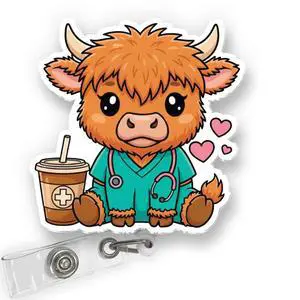 Highland Cow In Scrubs Retractable ID Badge Reel, Cute Highland Cow Badge Reel with Coffee in Nurse Scrubs ID Card Holder, MA ED ER ICU RN LPN CNA NICU L&D Healthcare Staff Accessories for Work Highland Cow In Scrubs Retractable ID Badge Reel, Cute Highland Cow Badge Reel with Coffee in Nurse Scrubs ID Card Holder, MA ED ER ICU RN LPN CNA NICU L&D Healthcare Staff Accessories for Work