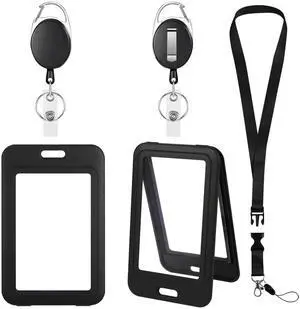 ID Badge Holders and Retractable Reel Clips,Lanyard with Release Buckle, Key Card Holder Nametag Protector (Black-1, Double-Sided Clear(Vertical)) ID Badge Holders and Retractable Reel Clips,Lanyard with Release Buckle, Key Card Holder Nametag Protector (Black-1, Double-Sided Clear(Vertical))