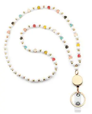 Smile Teacher Lanyard for Women with Retractable ID Badge Reel and Keychain Cute Happy Beads Lanyard (White) Smile Teacher Lanyard for Women with Retractable ID Badge Reel and Keychain Cute Happy Beads Lanyard (White)